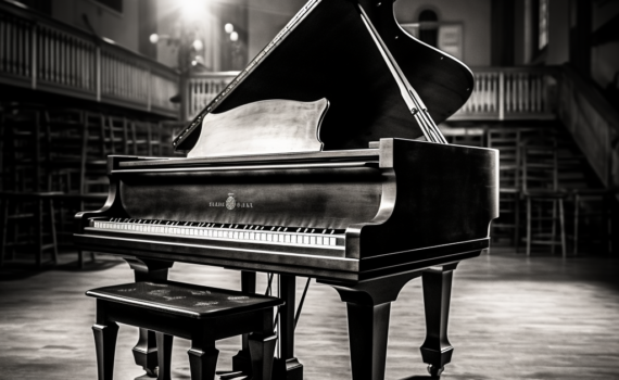 An intimate black-and-white shot of a grand piano, with focus on its ivories. A spotlight casts a gentle glow on the keys, evoking an atmosphere of quiet anticipation, reminiscent of the calm before a concert starts