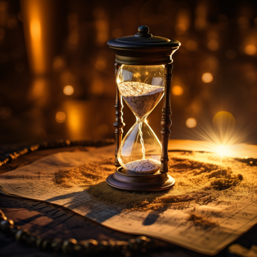 an antique hourglass perched on an old map, with the sands trickling gently through its slender neck. In the background, a faint glimmer of candlelight casts ethereal shadows upon the scene, evoking a sense of nostalgia and the mystical passage of time
