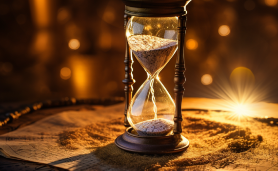 an antique hourglass perched on an old map, with the sands trickling gently through its slender neck. In the background, a faint glimmer of candlelight casts ethereal shadows upon the scene, evoking a sense of nostalgia and the mystical passage of time