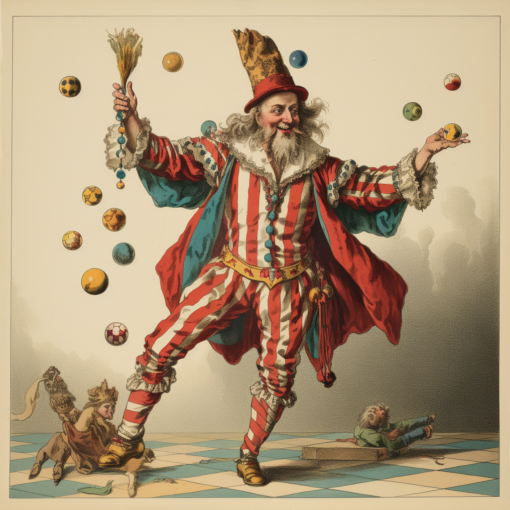 Websites for Further Reading: A Fool's History: Jesters & Fools: An insightful article tracing the history of jesters and fools throughout different time periods and cultures. The Role of The Jester in Medieval Courts: Detailed analysis of the jester's role in medieval society, their work, and their impact. Jesters and Fools - Court Jesters: A fascinating account of the attire and responsibilities of jesters in various cultures. Image Description: A colorful illustration depicts a jester in traditional attire - a multicolored, checkered outfit, a fool's cap with bells, and a bauble. He is standing in a royal court, juggling balls, and his expressive face exudes a sense of mirth and mischievous intelligence