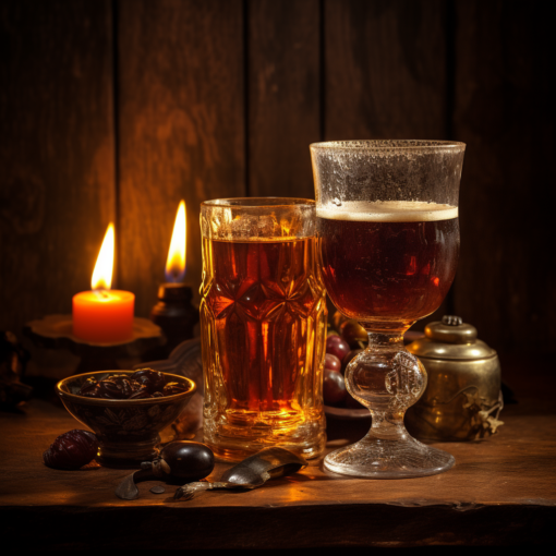 A beautifully composed still life featuring a frosty pint of amber-colored beer, a delicate glass of deep-red wine, and a crystal-clear shot of spirits on an old wooden table. The soft glow of candlelight in the background gives the image a warm, inviting feel