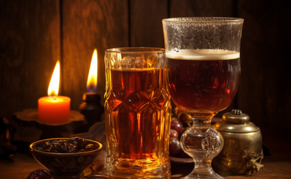 A beautifully composed still life featuring a frosty pint of amber-colored beer, a delicate glass of deep-red wine, and a crystal-clear shot of spirits on an old wooden table. The soft glow of candlelight in the background gives the image a warm, inviting feel