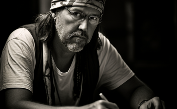 A black and white photograph of David Foster Wallace in his characteristic bandana, his intense eyes looking into the distance as he holds a pen poised over a notebook, symbolizing his constant exploration and examination of the human condition
