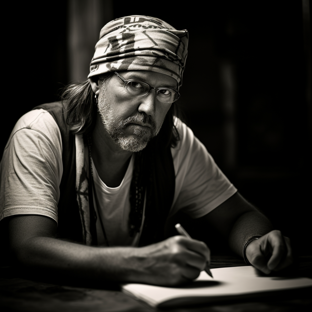 A black and white photograph of David Foster Wallace in his characteristic bandana, his intense eyes looking into the distance as he holds a pen poised over a notebook, symbolizing his constant exploration and examination of the human condition