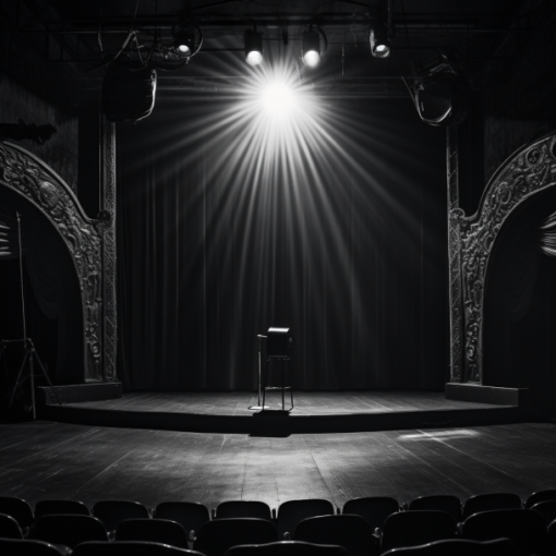 A black and white photograph of a vintage theatre, with a lone spotlight illuminating a microphone stand on the stage. The empty seats and eerie stillness of the image serve to symbolize the isolating, often somber nature of the subjects that dark humor tackles, while the spotlight on the microphone signifies the role of comedy in illuminating these difficult topics