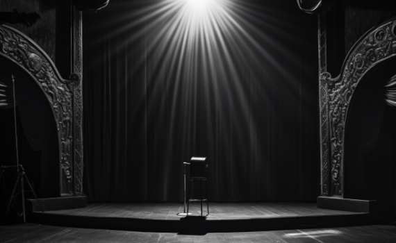 A black and white photograph of a vintage theatre, with a lone spotlight illuminating a microphone stand on the stage. The empty seats and eerie stillness of the image serve to symbolize the isolating, often somber nature of the subjects that dark humor tackles, while the spotlight on the microphone signifies the role of comedy in illuminating these difficult topics