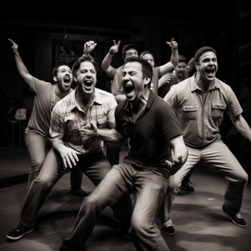 A black and white photograph of an improv troupe mid-performance. The actors are caught in a moment of laughter, their expressions animated and full of energy. The audience in the foreground is visibly engaged, some leaning forward in their seats, eyes wide with anticipation of the next unpredictable moment