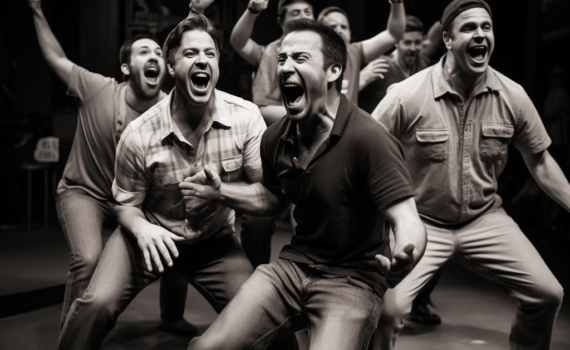 A black and white photograph of an improv troupe mid-performance. The actors are caught in a moment of laughter, their expressions animated and full of energy. The audience in the foreground is visibly engaged, some leaning forward in their seats, eyes wide with anticipation of the next unpredictable moment