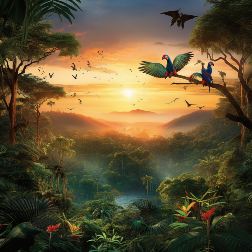 A captivating image of the Amazon Rainforest at dawn. The morning sun pierces through the dense foliage, casting a warm glow that illuminates the vibrant shades of green. Fluttering macaws add a splash of color against the emerald backdrop, while the distant silhouette of a jaguar adds a touch of the wild's mystique