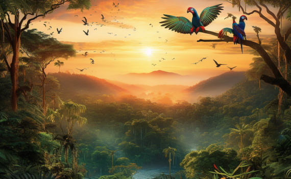 A captivating image of the Amazon Rainforest at dawn. The morning sun pierces through the dense foliage, casting a warm glow that illuminates the vibrant shades of green. Fluttering macaws add a splash of color against the emerald backdrop, while the distant silhouette of a jaguar adds a touch of the wild's mystique