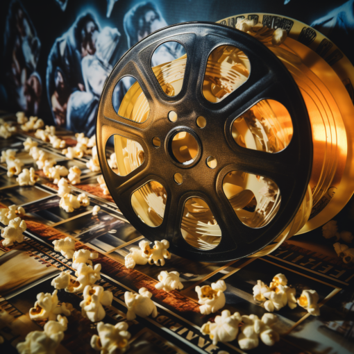 A close-up of a vintage film reel, with film strips unraveling against a backdrop of popcorn. The strips contain images depicting iconic scenes from various movies, signifying the thrilling world of cinema