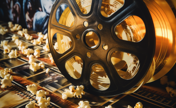 A close-up of a vintage film reel, with film strips unraveling against a backdrop of popcorn. The strips contain images depicting iconic scenes from various movies, signifying the thrilling world of cinema