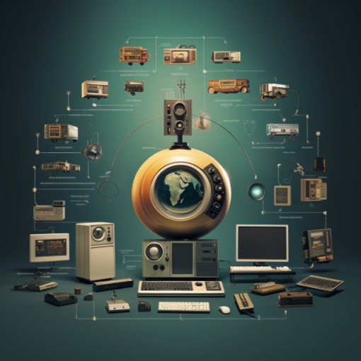 A collage featuring images of various computers throughout history. From the large, room-sized machines of the 1940s to the sleek, handheld devices of today. Each image is labeled with its respective era, showcasing the dramatic evolution of this transformative technology