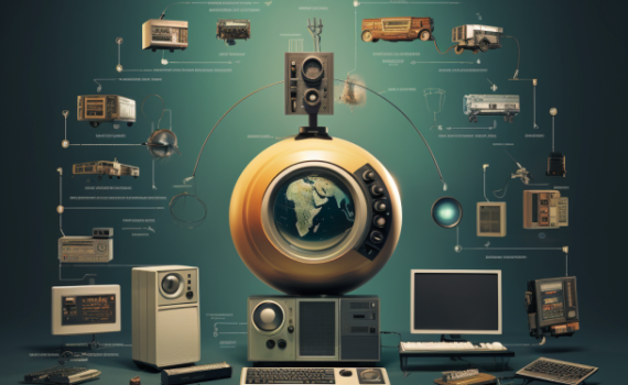 A collage featuring images of various computers throughout history. From the large, room-sized machines of the 1940s to the sleek, handheld devices of today. Each image is labeled with its respective era, showcasing the dramatic evolution of this transformative technology