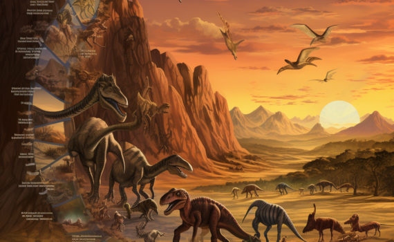 A detailed illustration showing a group of various dinosaur species roaming in a prehistoric landscape, with layers of sediment and a timeline graphic in the background to signify the passage of time and the fossil record