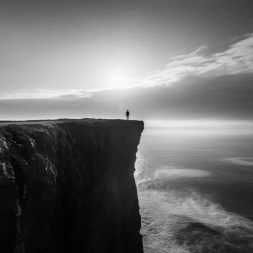 A grayscale image of a person standing at the edge of a cliff, looking out into the horizon. The scene depicts a poignant contrast between light and shadow, mirroring the extreme mood swings experienced by individuals with bipolar disorder and depression