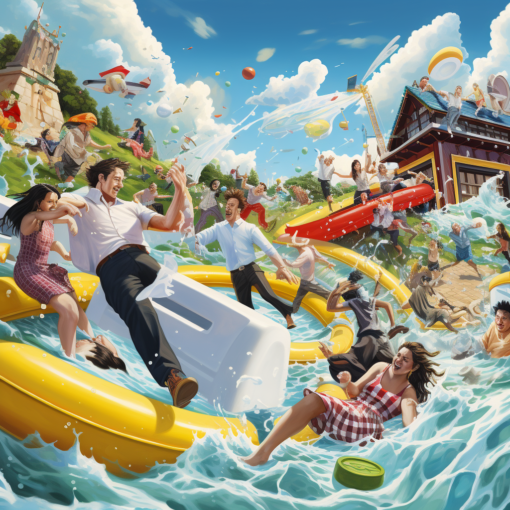 A man carrying his wife over an obstacle course, a group of Japanese students pillow fighting, competitors tumbling down a hill after a cheese, underwater hockey players in action, and a lawnmower racing event in full swing