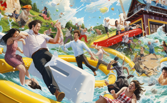 A man carrying his wife over an obstacle course, a group of Japanese students pillow fighting, competitors tumbling down a hill after a cheese, underwater hockey players in action, and a lawnmower racing event in full swing