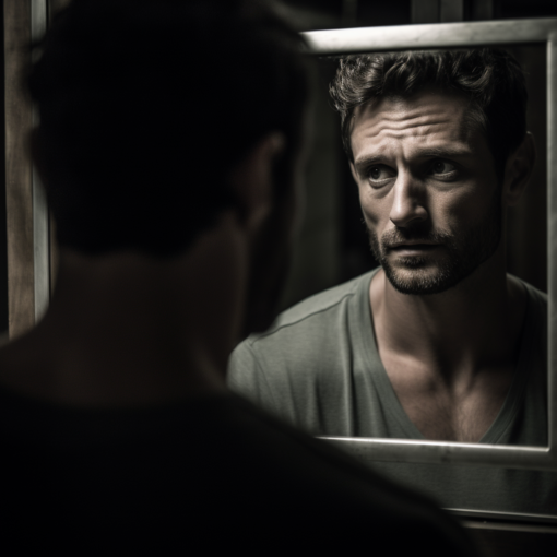 A monochrome photograph depicting a man looking at his reflection in a mirror. The man’s face is thoughtful, hinting at a deep internal dialogue. The image embodies introspection and self-exploration, key elements in the quest for personal change