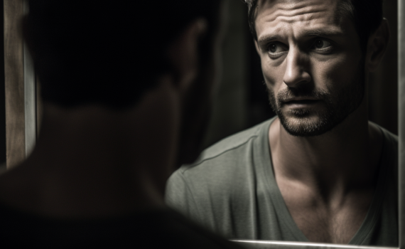 A monochrome photograph depicting a man looking at his reflection in a mirror. The man’s face is thoughtful, hinting at a deep internal dialogue. The image embodies introspection and self-exploration, key elements in the quest for personal change