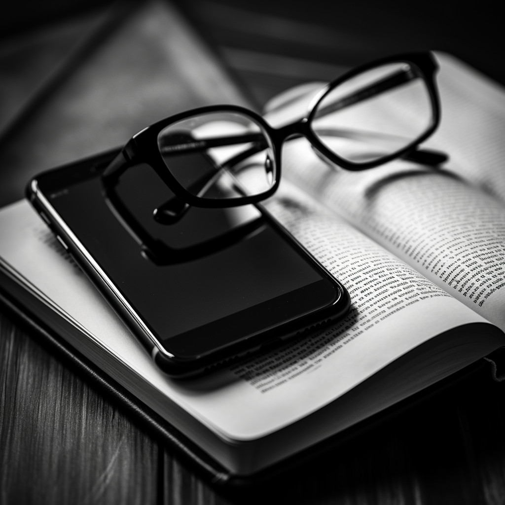 A striking black and white image featuring a pair of glasses resting on an open book. In the background, a smartphone lies, screen down, symbolizing the digital disconnect