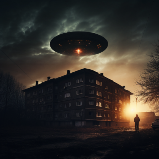 A surreal image of a worn-down apartment block overshadowing a majestic, starlit sky with the silhouette of a UFO hovering just above the horizon. The stark contrast between the mundane and the extraordinary