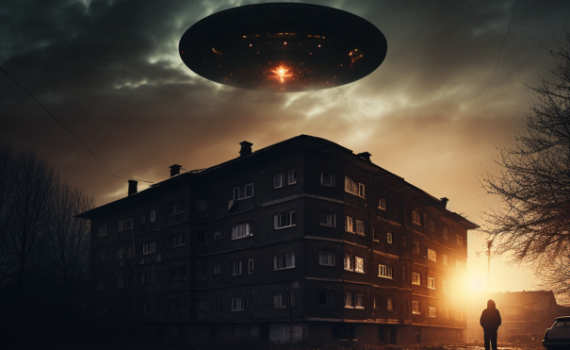 A surreal image of a worn-down apartment block overshadowing a majestic, starlit sky with the silhouette of a UFO hovering just above the horizon. The stark contrast between the mundane and the extraordinary