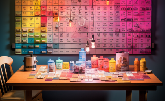 A vibrant, color-coded Periodic Table. Each element's box includes its atomic number, symbol, name, and atomic weight. A soft light is shining down on the table, highlighting elements