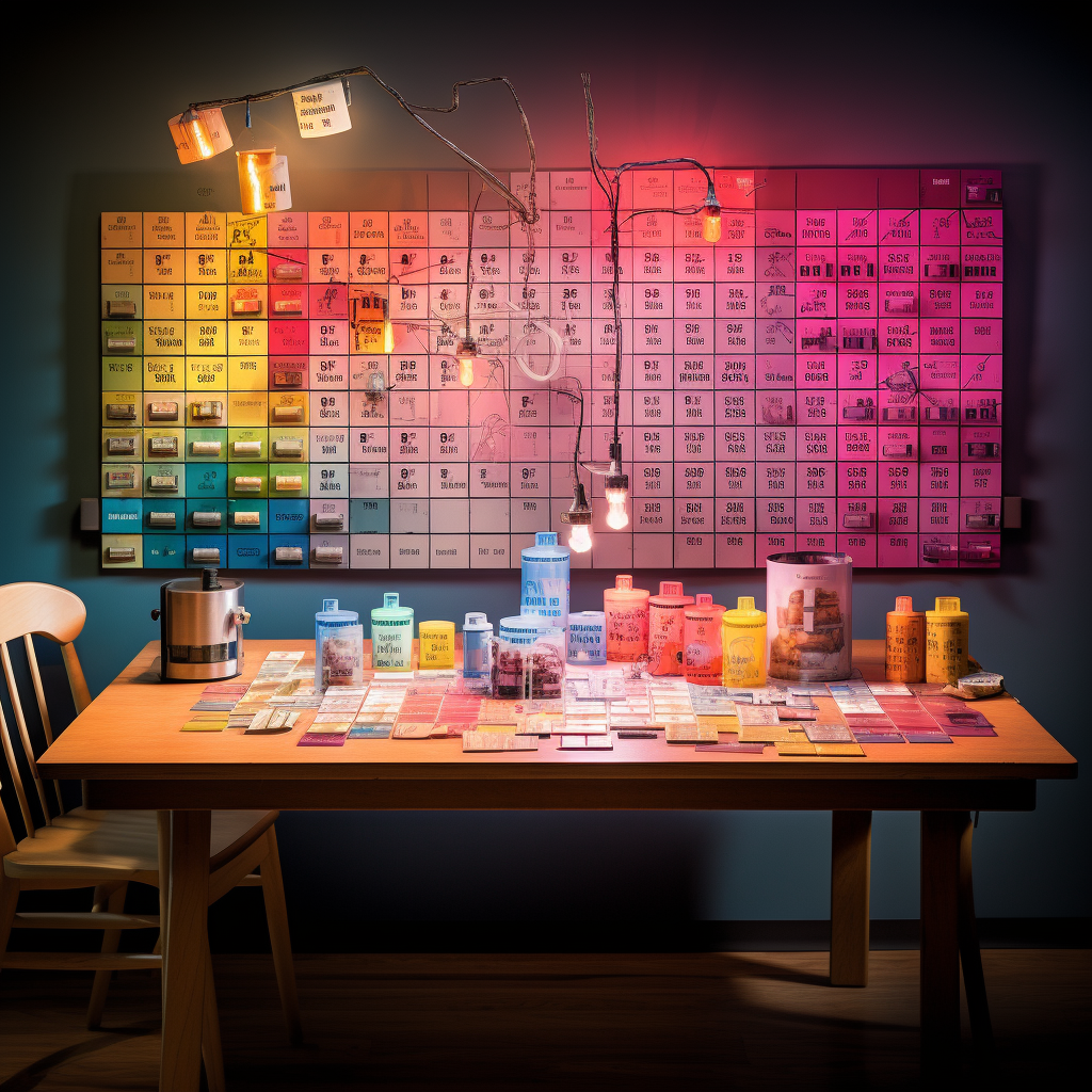 A vibrant, color-coded Periodic Table. Each element's box includes its atomic number, symbol, name, and atomic weight. A soft light is shining down on the table, highlighting elements