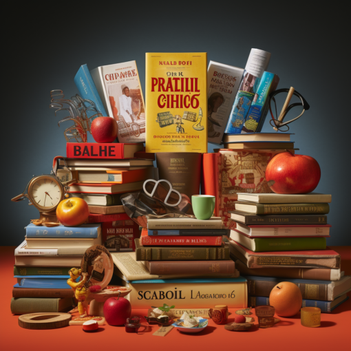 A warm-toned image showcasing an open book with several of Roald Dahl's most popular book covers artfully laid out around it. The titles include "Charlie and the Chocolate Factory," "The BFG," and "Matilda". A pair of spectacles and a bright red apple are arranged beside the book, creating an image that exudes the joy of childhood reading