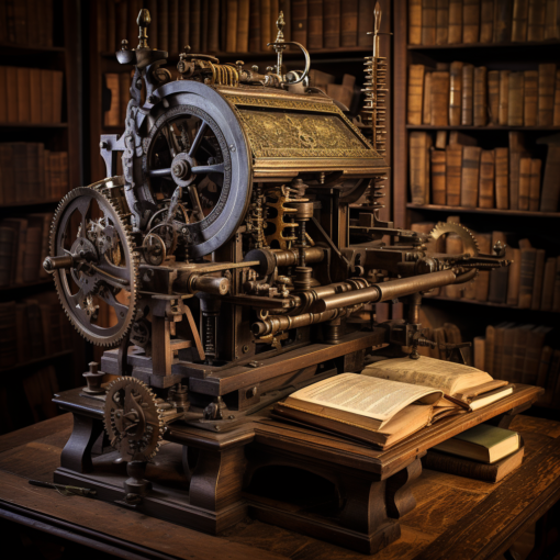An ancient printing press in all its majestic glory, with golden gears and well-worn wooden panels, is nestled amongst an array of antique books with leather bindings. The pages seem to whisper as the press stands sentinel, a guardian of knowledge