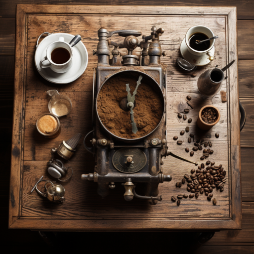 An antique wooden table seen from a bird's-eye view. On the table, a freshly brewed cup of coffee releases a delicate steam. Beside it, a vintage hand grinder sits with whole beans scattered around
