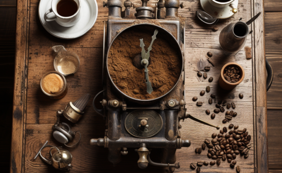 An antique wooden table seen from a bird's-eye view. On the table, a freshly brewed cup of coffee releases a delicate steam. Beside it, a vintage hand grinder sits with whole beans scattered around