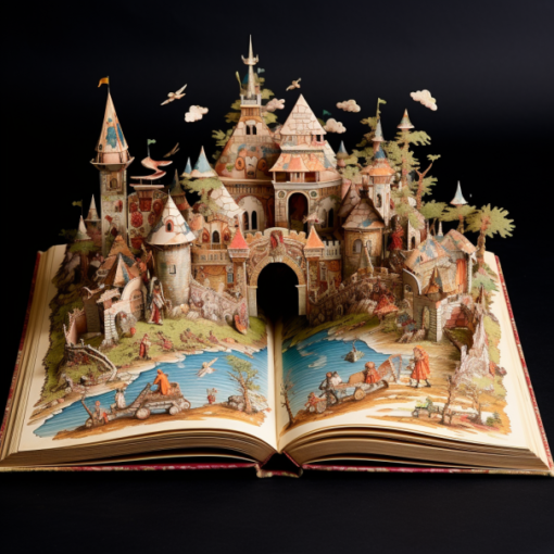 An antique, worn-out book is opened to reveal a colourful pop-up scene depicting characters from different cultures' children's stories. There's a dainty castle representing a German fairy tale, a majestic mermaid signifying Andersen's tales, a heroic Indian prince on a chariot, a Chinese celestial couple under a willow tree, and a cunning spider spinning a web, an iconic African fable character. The image radiates the rich diversity of global children's stories