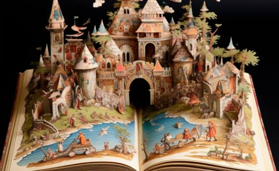 An antique, worn-out book is opened to reveal a colourful pop-up scene depicting characters from different cultures' children's stories. There's a dainty castle representing a German fairy tale, a majestic mermaid signifying Andersen's tales, a heroic Indian prince on a chariot, a Chinese celestial couple under a willow tree, and a cunning spider spinning a web, an iconic African fable character. The image radiates the rich diversity of global children's stories
