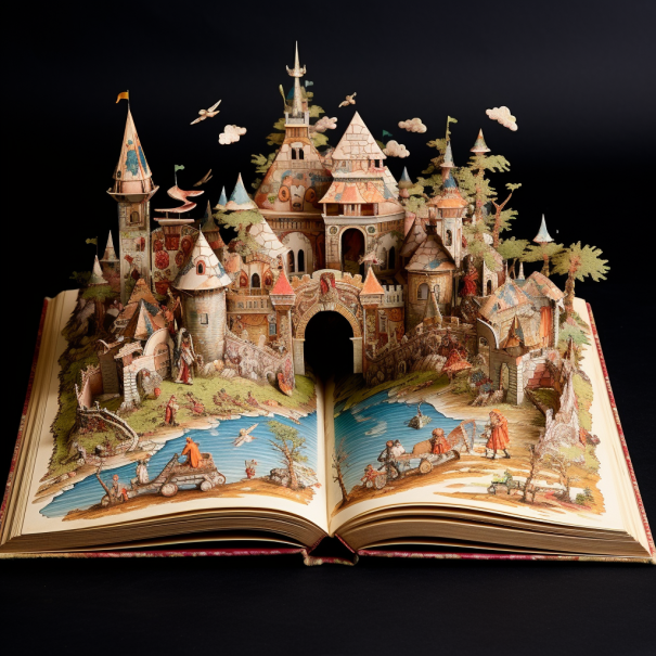 An antique, worn-out book is opened to reveal a colourful pop-up scene depicting characters from different cultures' children's stories. There's a dainty castle representing a German fairy tale, a majestic mermaid signifying Andersen's tales, a heroic Indian prince on a chariot, a Chinese celestial couple under a willow tree, and a cunning spider spinning a web, an iconic African fable character. The image radiates the rich diversity of global children's stories