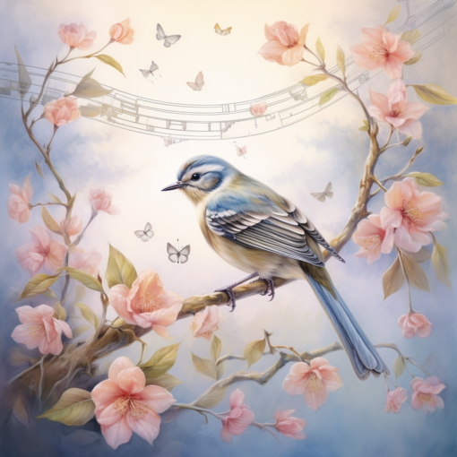 An enchanting watercolor painting of a songbird perched on a branch, with musical notes intertwining with leaves and blossoms. The dawn's light bathes the scene in soft pastel colors, evoking the serene beauty of birdsong at sunrise