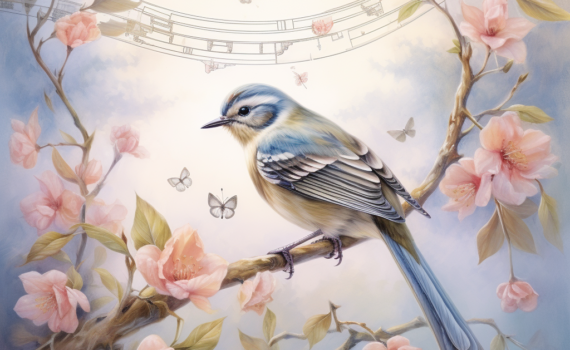 An enchanting watercolor painting of a songbird perched on a branch, with musical notes intertwining with leaves and blossoms. The dawn's light bathes the scene in soft pastel colors, evoking the serene beauty of birdsong at sunrise