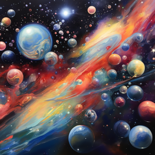 An ethereal, almost mystical portrayal of numerous galaxies and celestial bodies against the backdrop of cosmic fabric. The universe appears to be just one of many, as floating bubbles, each encapsulating another cosmos, stretch out into infinity