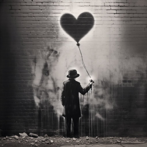 An ethereal black-and-white image depicting a shadowy figure with a hat, partially obscured by mist, spray-painting a heart-shaped balloon on an ancient brick wall. The image captures the essence of both the mystery surrounding Banksy and the poignancy that pervades his art