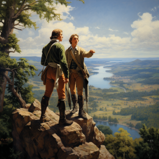 An evocative painting of Lewis and Clark standing atop a cliff overlooking the vast Missouri River. Behind them, dense forests paint the scene with shades of emerald, while ahead, the river meanders into the distant horizon. The duo is dressed in early 19th-century explorer attire, with compasses and maps in hand, as a light breeze ruffles their hair