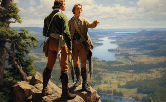 An evocative painting of Lewis and Clark standing atop a cliff overlooking the vast Missouri River. Behind them, dense forests paint the scene with shades of emerald, while ahead, the river meanders into the distant horizon. The duo is dressed in early 19th-century explorer attire, with compasses and maps in hand, as a light breeze ruffles their hair