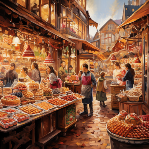 An old-world market scene in a charming small town. Stalls are filled with colorful produce and spices while vendors and buyers engage in animated conversations. In the foreground, a local bakery showcases its delightful pastries, with a particular focus on a golden, flaky pastry, referred to as the 'buttery crust delight'