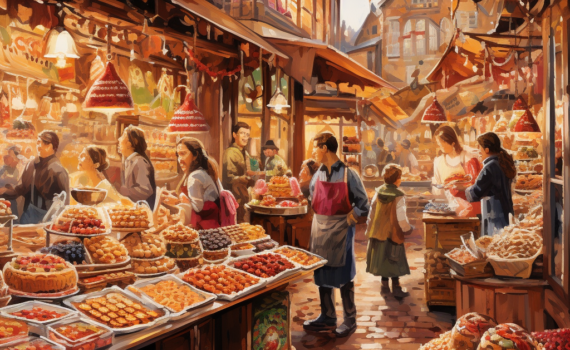 An old-world market scene in a charming small town. Stalls are filled with colorful produce and spices while vendors and buyers engage in animated conversations. In the foreground, a local bakery showcases its delightful pastries, with a particular focus on a golden, flaky pastry, referred to as the 'buttery crust delight'