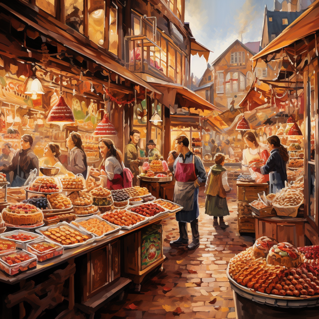 An old-world market scene in a charming small town. Stalls are filled with colorful produce and spices while vendors and buyers engage in animated conversations. In the foreground, a local bakery showcases its delightful pastries, with a particular focus on a golden, flaky pastry, referred to as the 'buttery crust delight'