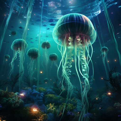 a breathtaking underwater scene in which a school of luminescent jellyfish illuminate the ocean’s depths with their soft, otherworldly glow. The ethereal shades of blue and green lights radiate from the jellyfish, creating an almost magical ambiance