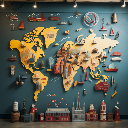 World map on a wall with a set of quirky, weird, interesting icons dotted around various locations on the map to represent different unusual laws