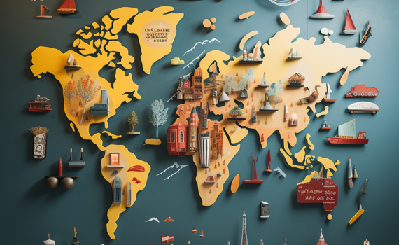 World map on a wall with a set of quirky, weird, interesting icons dotted around various locations on the map to represent different unusual laws