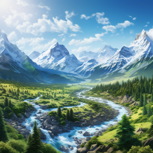a breathtaking view of the Rocky Mountains. Snow-capped peaks stretch across the horizon under a brilliant blue sky, while a lush, green valley lies nestled below. A winding river glimmers in the sunlight, carving a silver path through the landscape