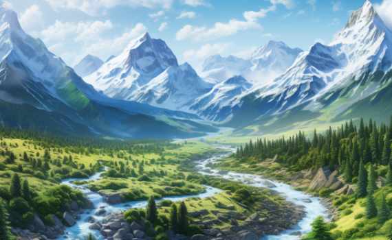 a breathtaking view of the Rocky Mountains. Snow-capped peaks stretch across the horizon under a brilliant blue sky, while a lush, green valley lies nestled below. A winding river glimmers in the sunlight, carving a silver path through the landscape